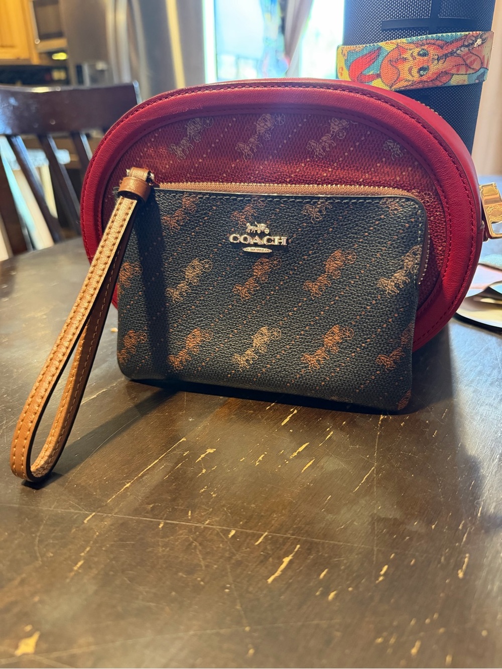 Coach Red Crossbody with Brown Signature Wristlet Pouch